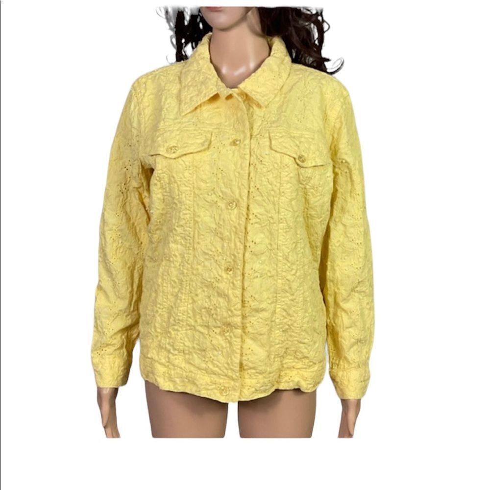 Quacker Factory Yellow Embroidered Eyelet Button Front Classic Jacket L
